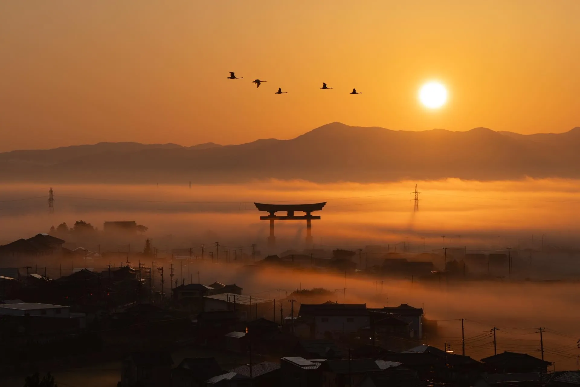 朝霧に浮かぶ大鳥居の上を、白鳥の列が朝日に向かって飛ぶ